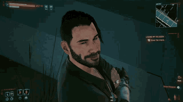 a video game screen shows a man with a beard and the words losing my religion above him