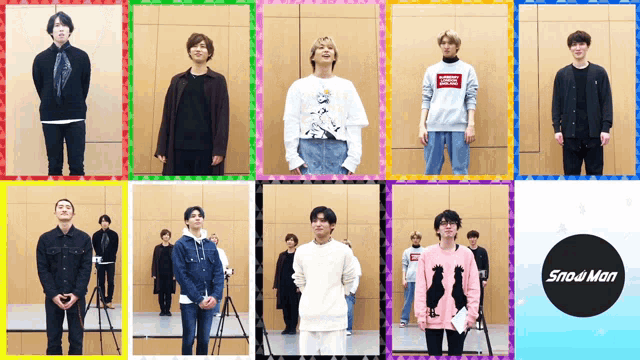 a group of young men are standing in front of a wall and the word snod men is on the bottom
