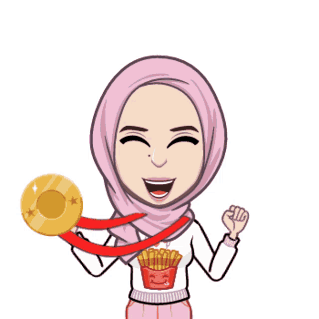 a cartoon of a woman in a hijab holding a gold medal around her neck
