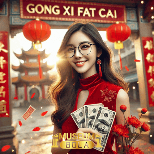 a woman in a red dress is holding a bunch of money in front of a sign that says gong xi fat cai