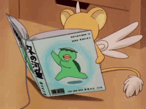a cartoon character is reading a book about a kappa