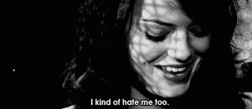 a woman is crying and saying `` i kind of hate me too . ''