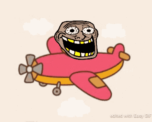 a cartoon airplane with a troll face on the front