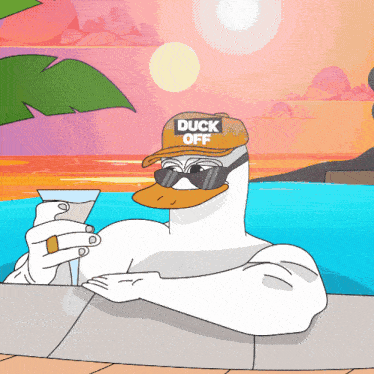 a cartoon of a duck with a hat that says duck off