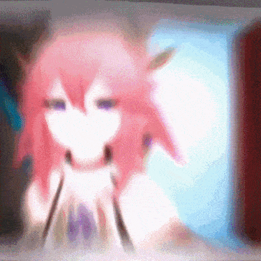 a blurry picture of a pink haired anime girl with purple eyes .