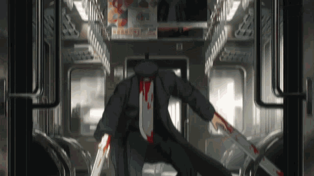 a man with a bloody tie is holding a bloody knife