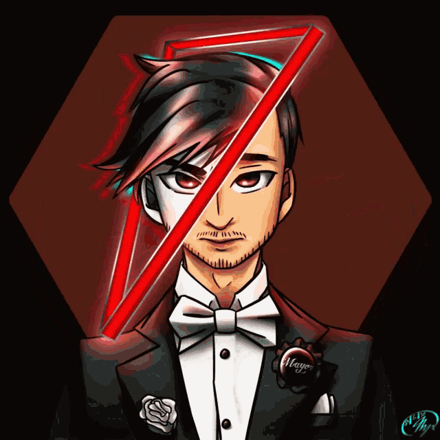 a drawing of a man in a tuxedo with a red triangle behind him that says harry
