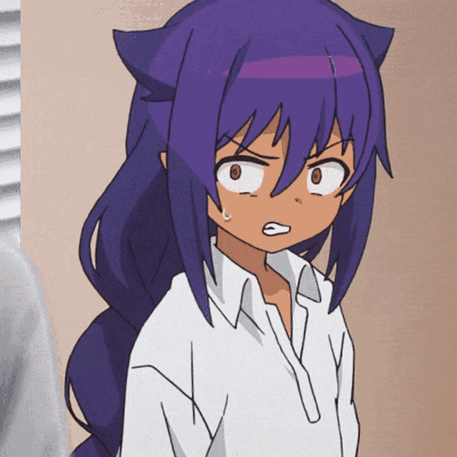 a cartoon character with purple hair and cat ears looks surprised