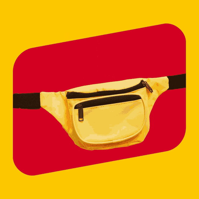 a yellow fanny pack with bacon sticks coming out of it