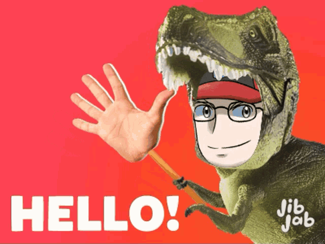 a picture of a dinosaur with a hand and the words hello on it