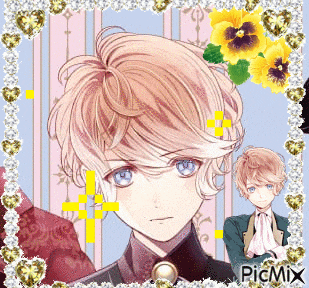a picture of a boy with flowers and hearts surrounding it