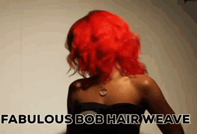 a woman with red hair and the words `` fabulous bob hair weave '' .