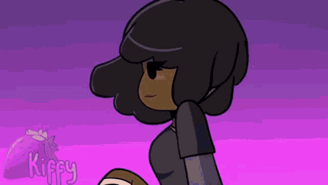 a cartoon girl with black hair is standing in front of a purple background with the word kiffy on it .