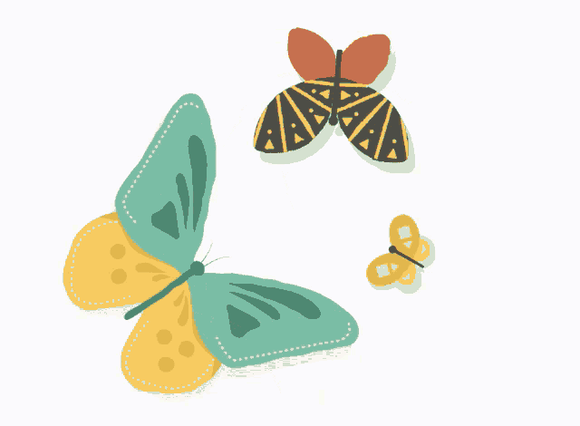 three butterflies are flying in a circle and one has a ladybug on its wing
