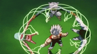 a group of dragon ball z characters are standing in a circle with lightning coming out of them .