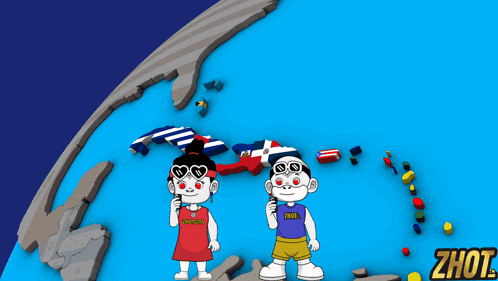 a boy and a girl are standing in front of a map of the world and the word zhot is on the bottom