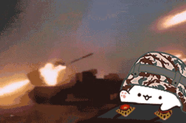 a cartoon of a cat wearing a military helmet standing in front of a tank