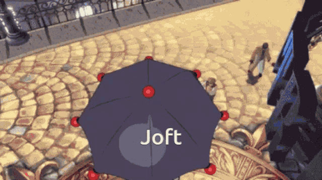 a purple umbrella with the word joft written on it