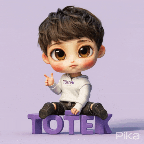 a cartoon character is sitting on a block that says totek