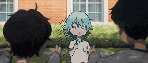 a girl with green hair is standing in front of a building