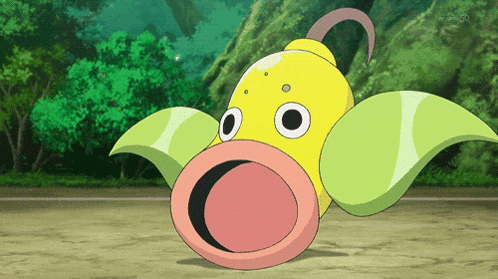 a yellow cartoon character with a pink tongue and green wings