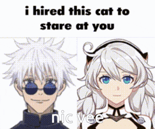 a man and a woman are standing next to each other with a caption that says i hired this cat to stare at you