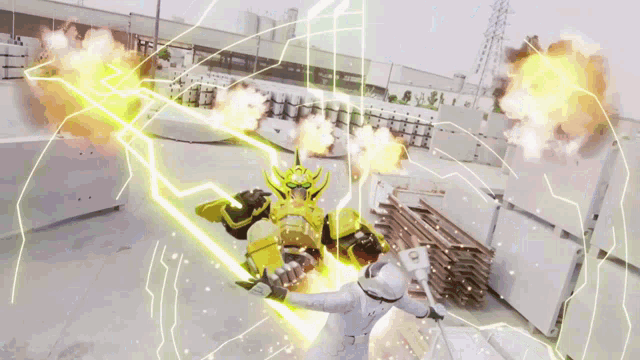 a man in a white hard hat is fighting a robot with a sword