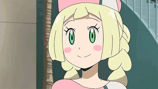 a cartoon girl with blonde hair and green eyes wearing a pink and white hat