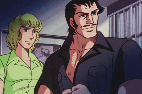 a man without a shirt is standing next to a woman