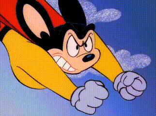 a cartoon mouse is wearing a red cape and flying through the air .