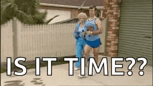 a man and a woman are running down a sidewalk with the words `` is it time ? ''
