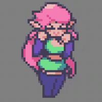 a pixel art of a girl with pink hair and a green top