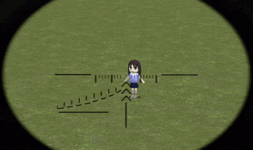 a girl in a blue shirt is standing in a field with a scope on her head