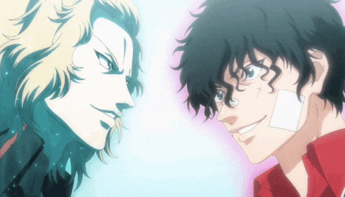 two anime characters are looking at each other and one has a bandage on his wrist