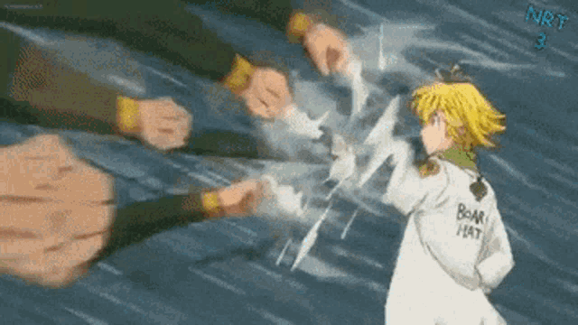 a man in a white jacket with the word boar on it is being punched in the face by a group of people .