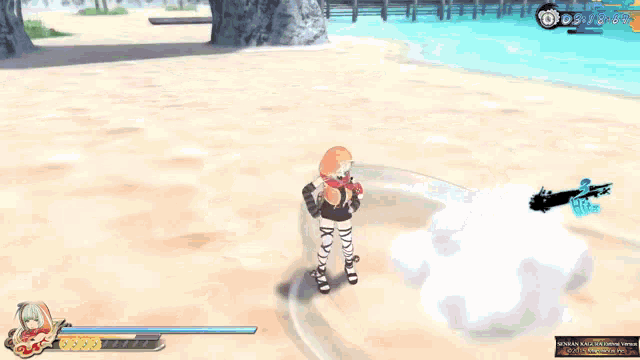 a screenshot of a video game shows a girl walking on the beach
