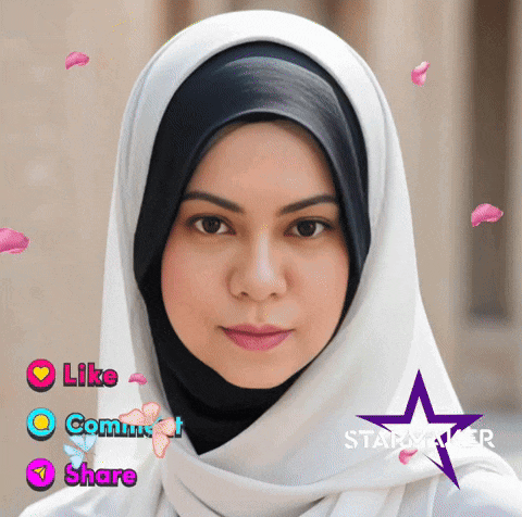 a woman wearing a white hijab with a starmaker logo on the bottom right