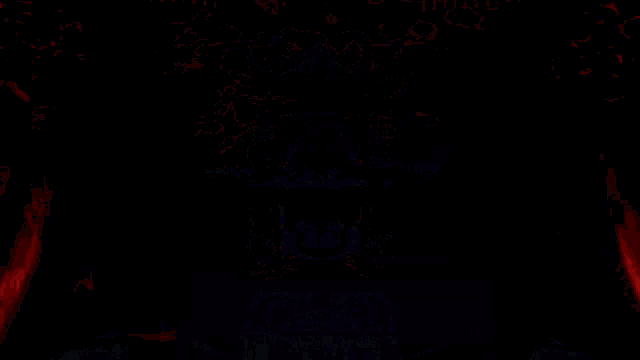 a computer generated image of a temple with a red light in the middle of it