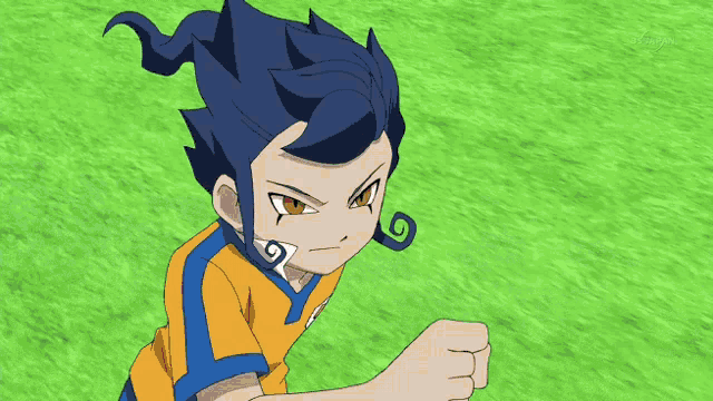 a cartoon character with a ponytail and a blue and orange shirt