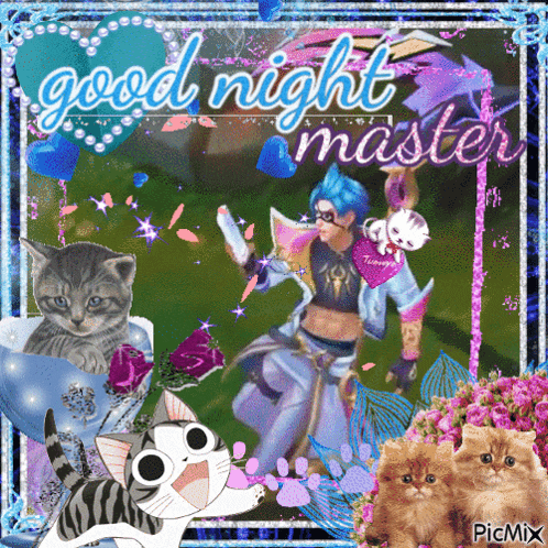 a picture of a man and cats with the words good night master
