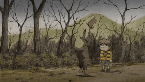 a man and a boy are standing in a forest