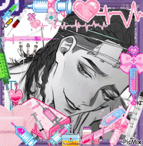 a man with a bandage on his head is surrounded by syringes