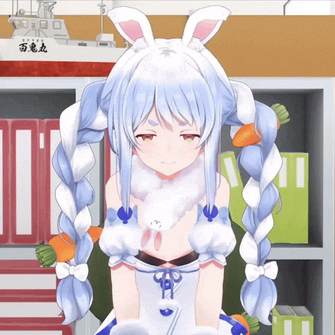a girl with bunny ears and braids is sitting in front of a shelf with chinese writing on it