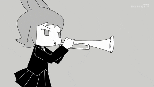 a black and white drawing of a person playing a trumpet with repeativ written on the bottom