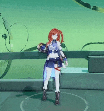 a girl with red hair is standing in a room with a green background