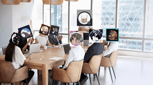 a group of people sitting around a table with pictures on their faces including one that says stop