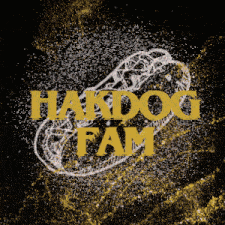 a picture of a hotdog with the words " hotdog fam " written in yellow
