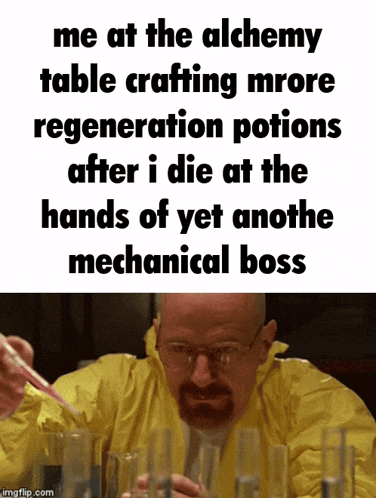 a man in a yellow jacket is holding a pipette in front of a table full of glasses