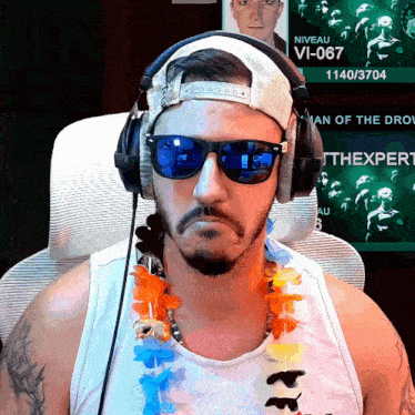 a man wearing sunglasses and headphones is sitting in front of a screen that says niveau vi-067
