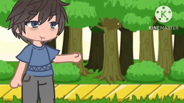 a cartoon of a boy in a blue shirt standing in front of trees and a yellow brick road ..